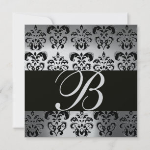 BLACK & WHITE DAMASK MONOGRAM Silbermondstein Einladung