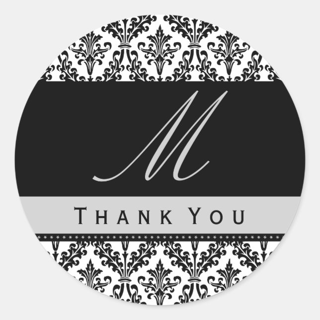 Black & White Damask Monogram Wedding DANK YOU St Runder Aufkleber (Vorderseite)