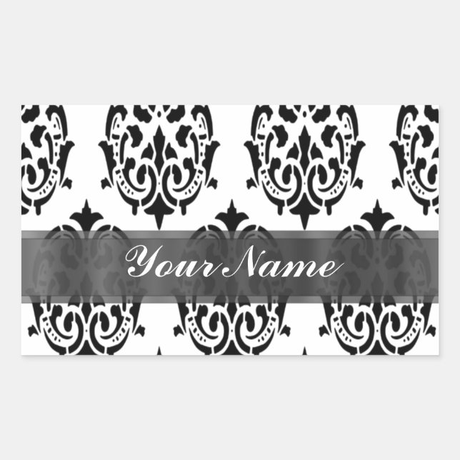 Black & White Damask Rechteckiger Aufkleber (Vorderseite)