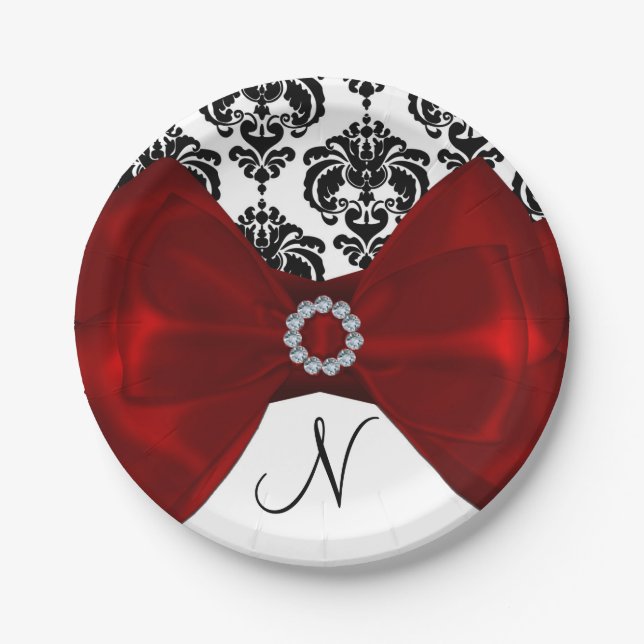 Black & White Damask Red Bow Glam Sweet 16 Party Pappteller (Vorderseite)