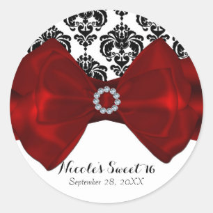 Black & White Damask Red Bow Glam Sweet 16 Party Runder Aufkleber