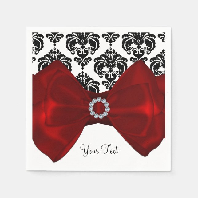 Black & White Damask Red Bow Glam Sweet 16 Party Serviette (Vorderseite)