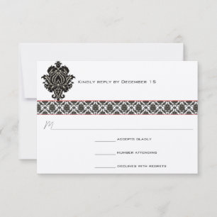 Black & White Damask Red Trim Wedding Response RSVP Karte