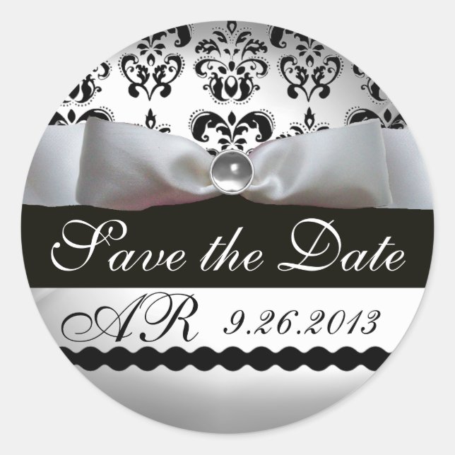 BLACK & WHITE DAMASK RIBBON MONOGRAM RUNDER AUFKLEBER (Vorderseite)