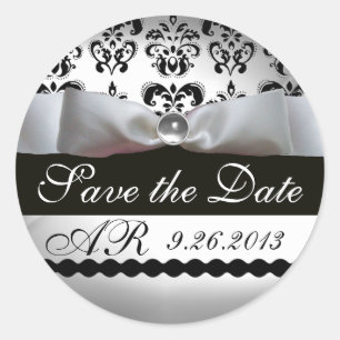 BLACK & WHITE DAMASK RIBBON MONOGRAM RUNDER AUFKLEBER