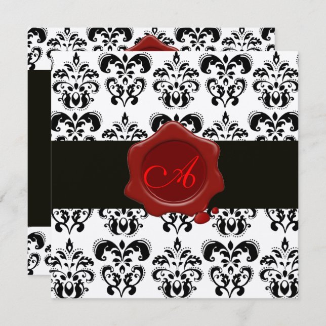 BLACK & WHITE DAMASK, ROTES WAX SIEGEL MONOGRAM Si Einladung (Vorne/Hinten)