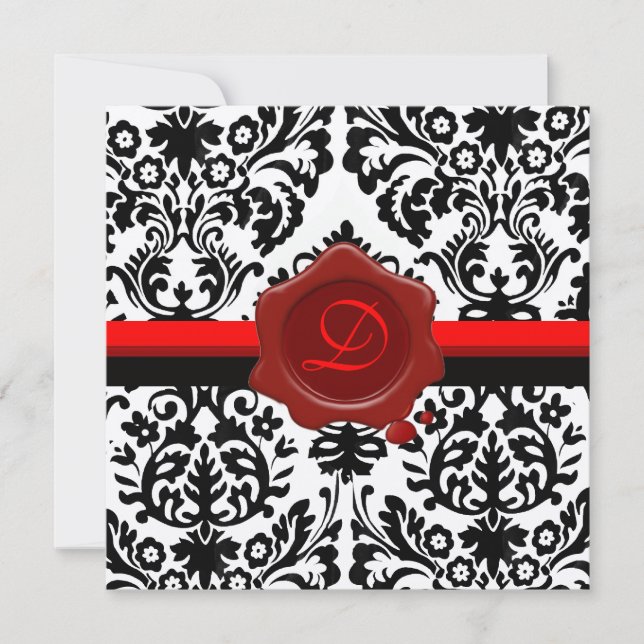 BLACK & WHITE DAMASK, ROTES WAX SIEGEL MONOGRAMM EINLADUNG (Vorderseite)