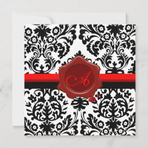 BLACK & WHITE DAMASK, ROTES WAX SIEGEL MONOGRAMM EINLADUNG