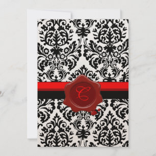 BLACK & WHITE DAMASK, ROTES WAX SIEGEL MONOGRAMM EINLADUNG