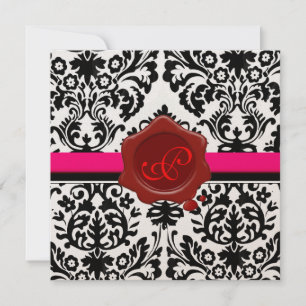 BLACK & WHITE DAMASK, ROTES WAX SIEGEL MONOGRAMM EINLADUNG