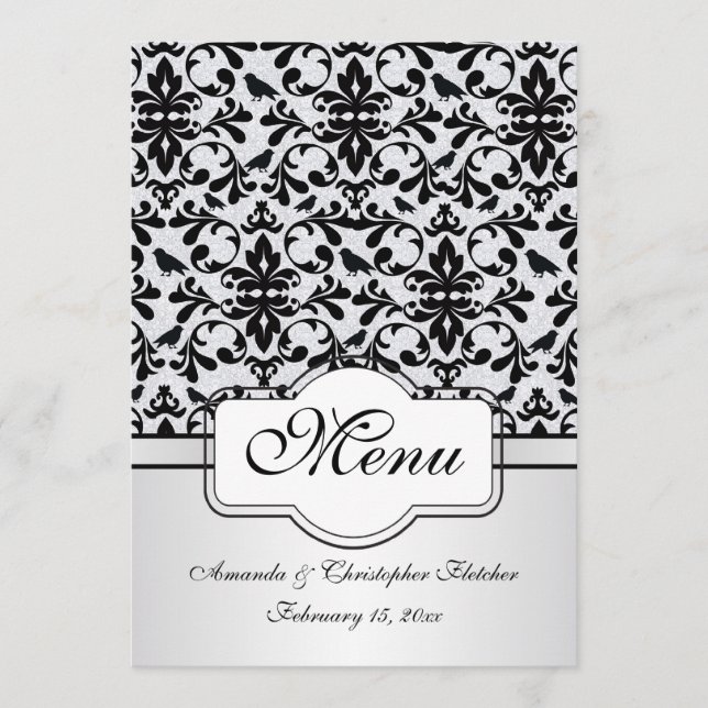 Black white damask swirls, birds Menu Einladung (Vorderseite)