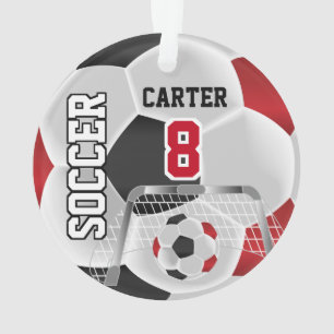 Black, White & Dark Red Personalize Soccer  ⚽ Ornament