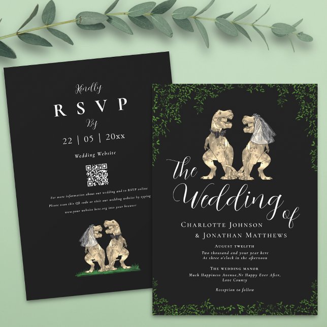 Black & White Elegant Dinosaur Wedding QR Code Einladung (T-Rex bride and groom funny dinosaur black and white wedding invitation)