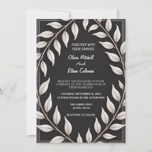 Black & White Elegant Flower Wedding Invitation Einladung (Vorderseite)