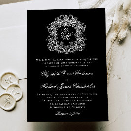 Black White Elegant Monogram Crest Wedding Einladung