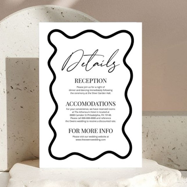 Black White Elegant Wavy Border Wedding Details Begleitkarte (Von Creator hochgeladen)