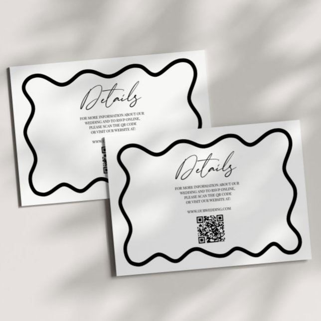 Black White Elegant Wavy Border Wedding Details Begleitkarte (Von Creator hochgeladen)