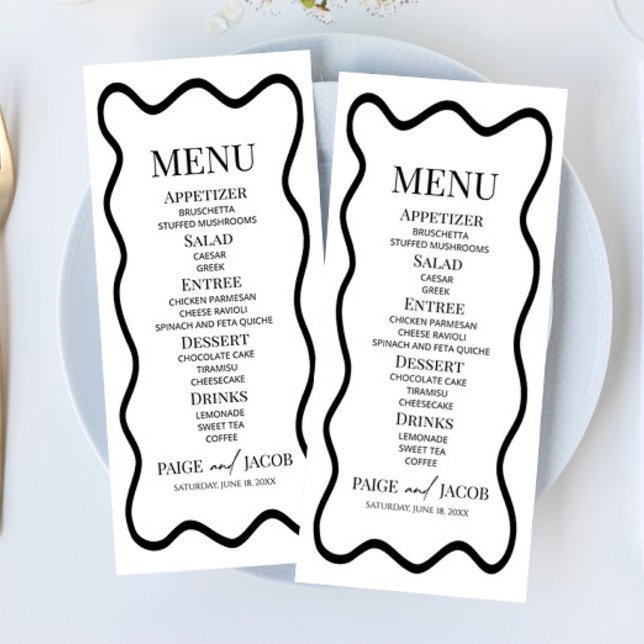 Black White Elegant Wavy Border Wedding Food Menükarte (Von Creator hochgeladen)