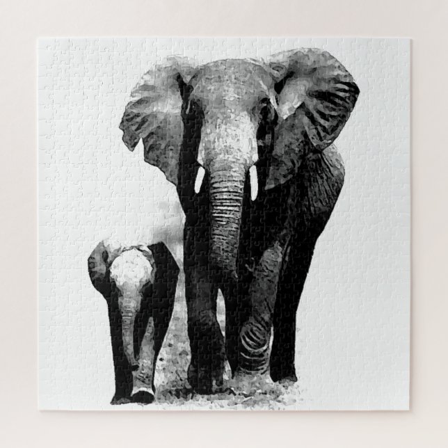 Black & White Elephant & Baby - Tiere Art Puzzle (Vertikal)