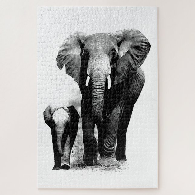 Black & White Elephant & Baby - Tiere Art Puzzle (Vertikal)