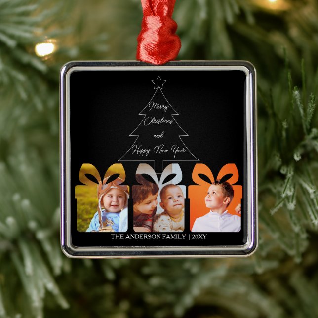 Black White Family Photo Minimalist Christmas Tree Ornament Aus Metall (Baum)