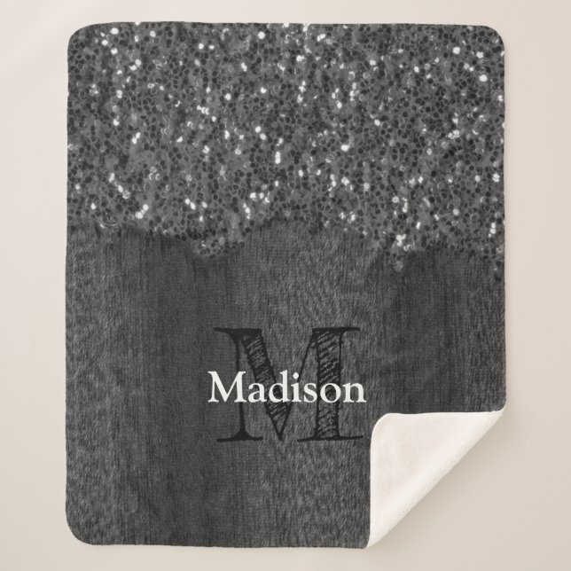 Black white faux sparkles rustic wood Monogram Sherpadecke (Vorderseite)
