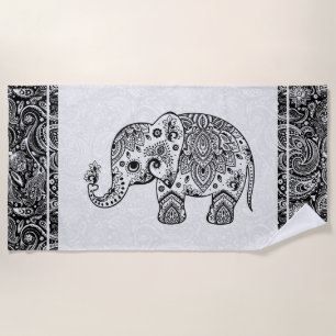 Black & White Floral Paisley Elephant Strandtuch