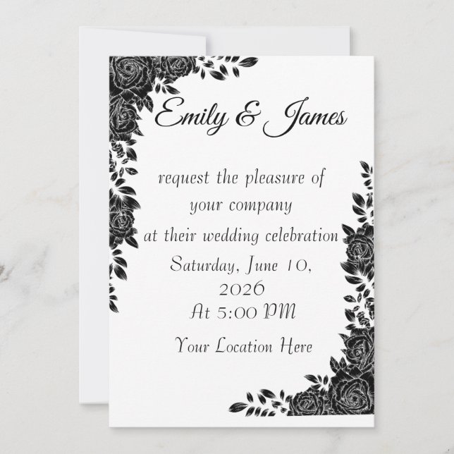 “Black & White Floral Wedding Invitation Einladung (Vorderseite)