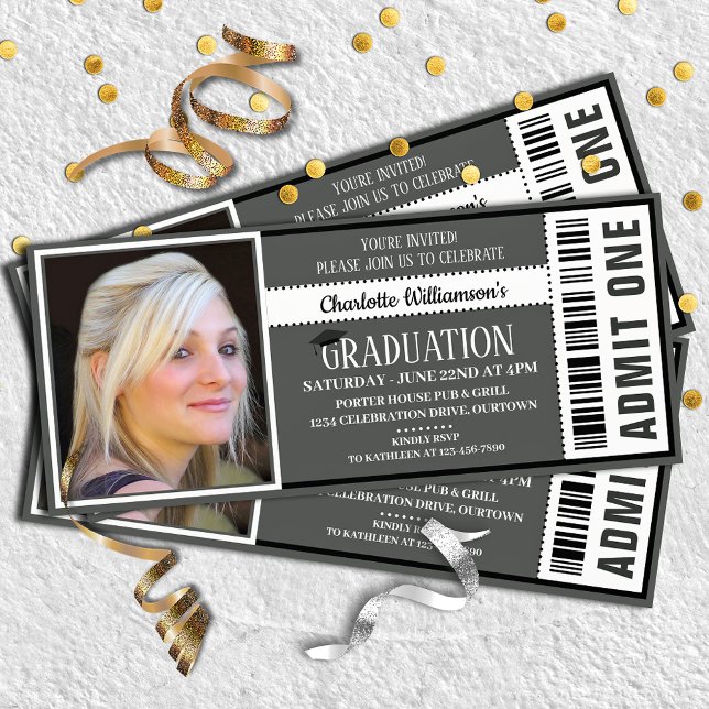 Black|White Foto Ticket Graduation Party Einladung (Von Creator hochgeladen)