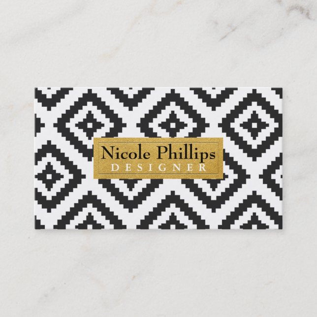 Black & White Geometric Gold Chic Business Card Visitenkarte (Vorderseite)