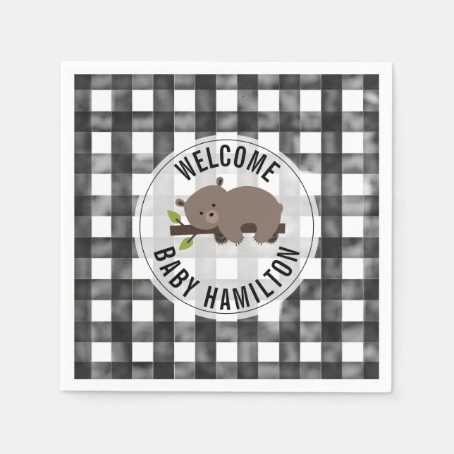 Black + White Gingham Sleepy Bear Baby Dusche Serviette (Vorderseite)