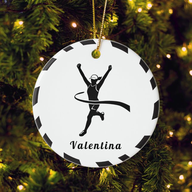 Black & White Girl Running Marathon Runner Jogger Keramik Ornament (Von Creator hochgeladen)