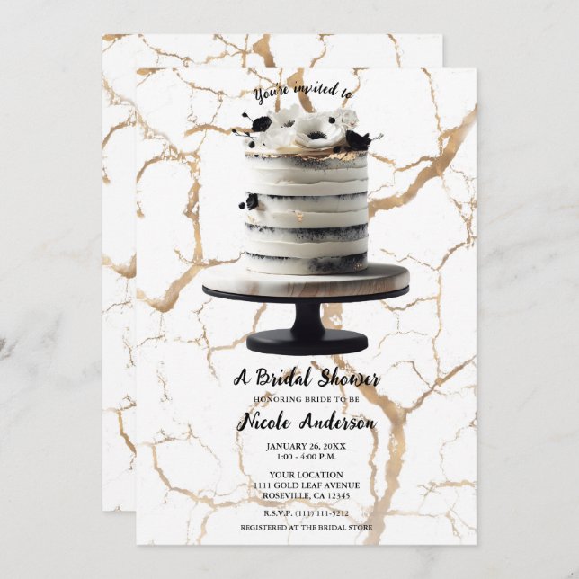 Black & White Gold Floral Tier Cake Brautparty Einladung (Vorne/Hinten)