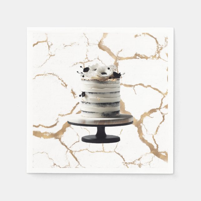 Black & White Gold Floral Tier Cake Brautparty Serviette (Vorderseite)