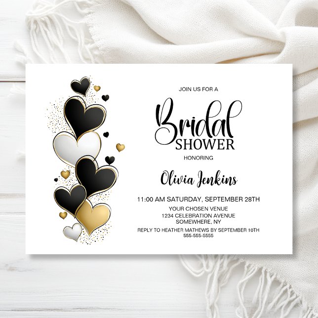Black White Gold Hearts Bridal Shower Einladung (Von Creator hochgeladen)