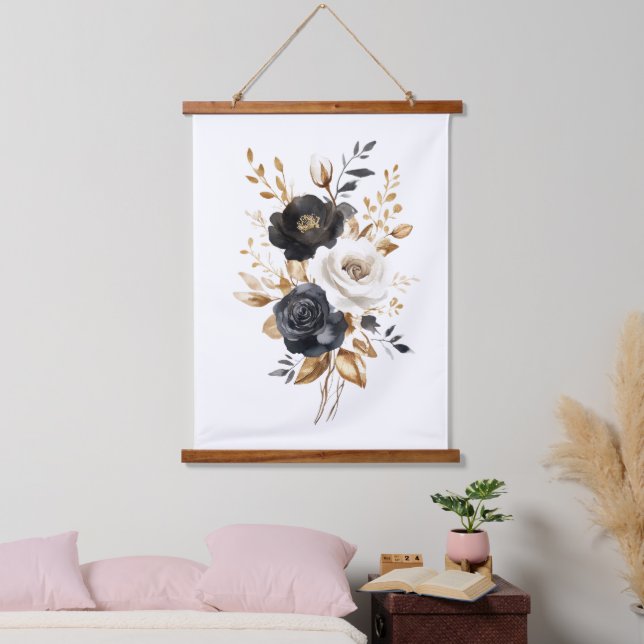 Black White Gold Watercolor Florals Wandteppich Mit Holzrahmen (Schlafzimmer)