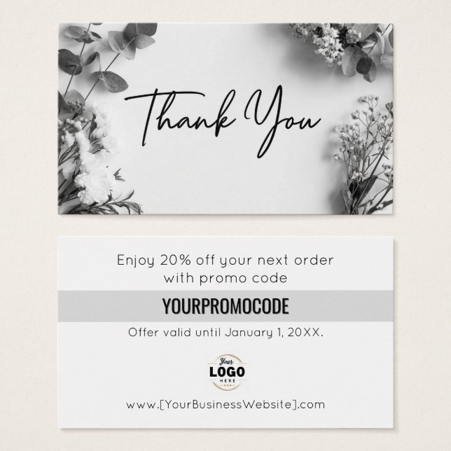 Black White Gray Botanical Thank You Discount Card (Vorne & Hinten)