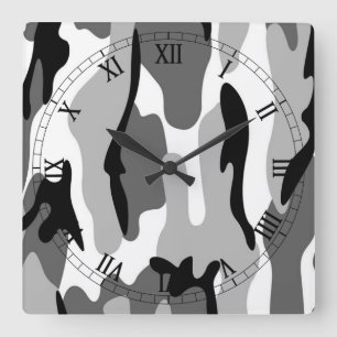 Black White Gray Camouflage Roman Numerals Clock Quadratische Wanduhr