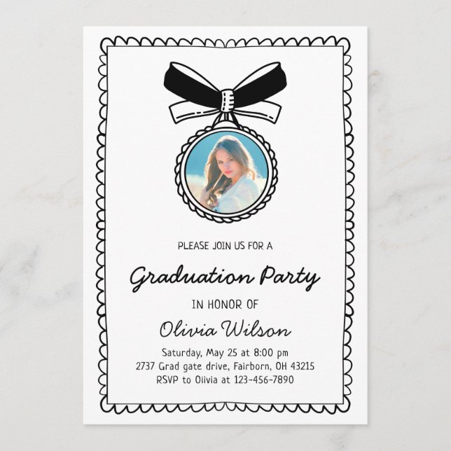 Black & White Hand Drawn Bow Graduation Party Einladung (Vorderseite)