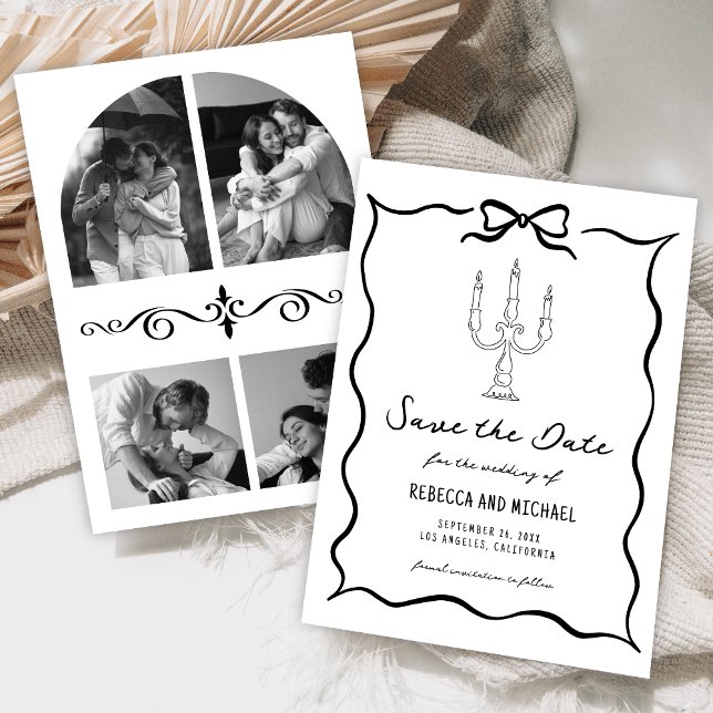 Black & White Hand Drawn Bow Photo Wedding Save The Date (Von Creator hochgeladen)