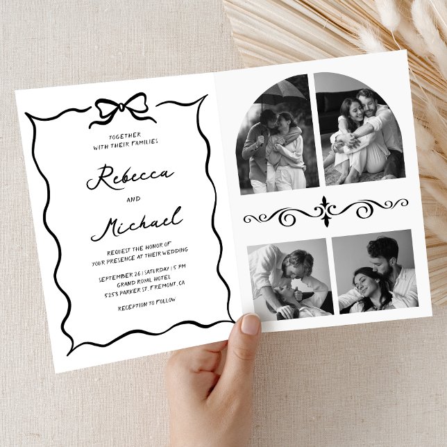 Black & White Hand Drawn Bow QR Code Photo Wedding Einladung (Von Creator hochgeladen)