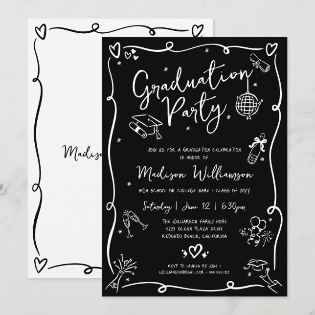 Black White Hand Drawn Doodles Graduation Party Einladung (Vorne/Hinten)