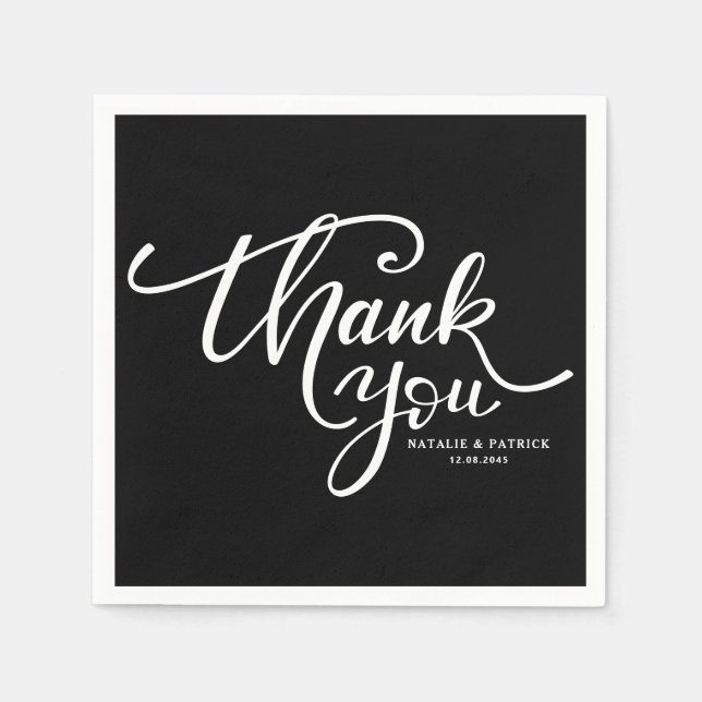 Black & White Hand Letter Wedtered Danke Serviette (Vorderseite)