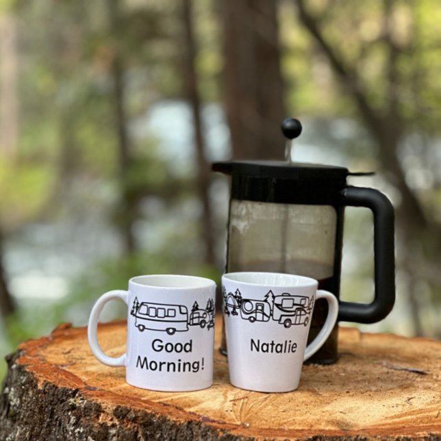 Black & White Happy Campers personalisierte Mug Kaffeetasse (Black & White Happy Campers Personalized Mugs gone camping)