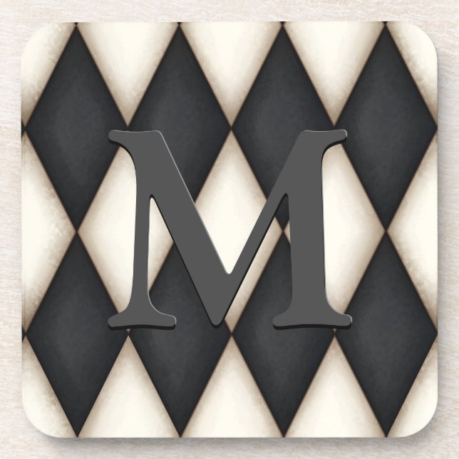 Black & White Harlequin Check 3-D Monogram Getränkeuntersetzer (Vorderseite)