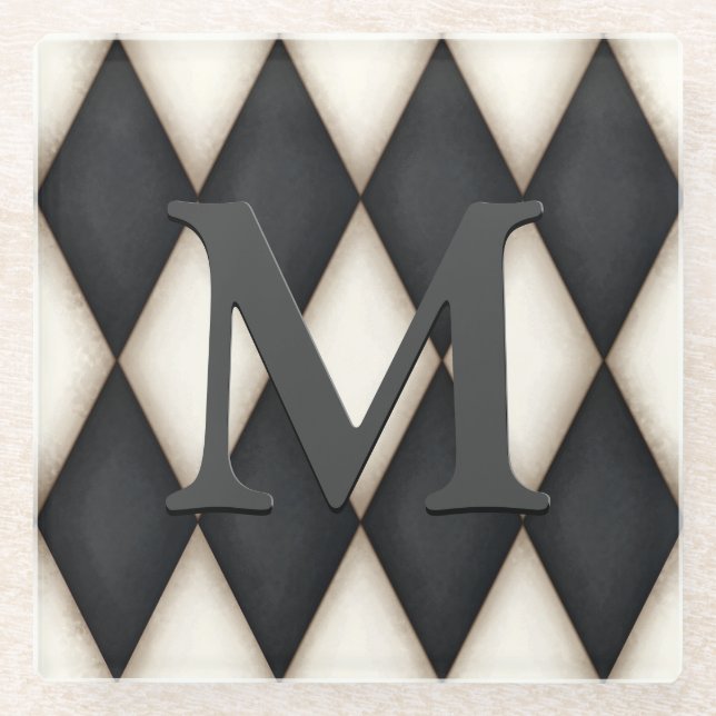 Black & White Harlequin Check 3-D Monogram Glasuntersetzer (Vorderseite)