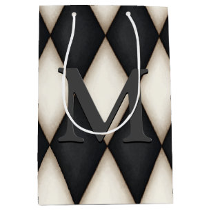 Black & White Harlequin Check Elegant 3-D Monogram Mittlere Geschenktüte