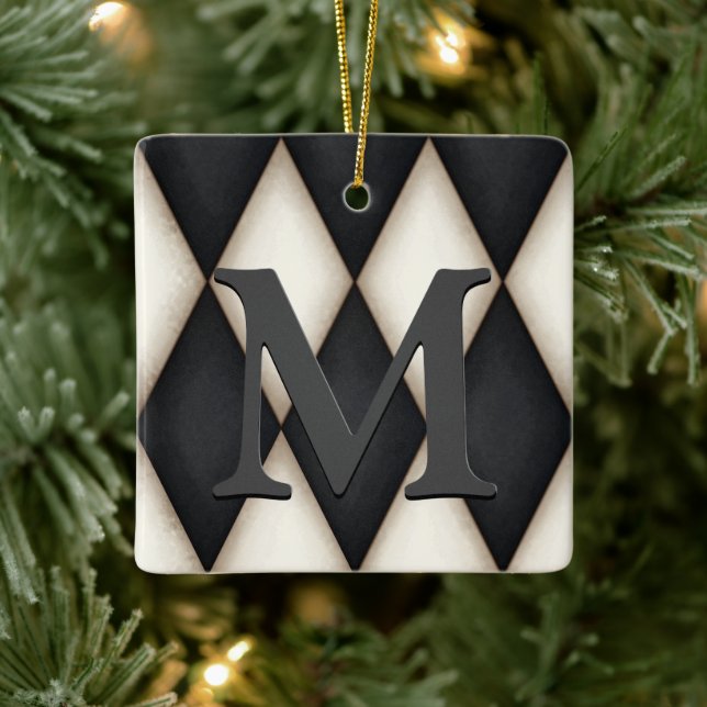 Black & White Harlequin Dramatic Custom Monogram Keramikornament (Baum)