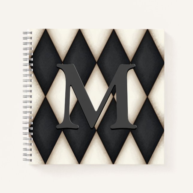 Black & White Harlequin Dramatic Custom Monogram Notizbuch (Vorderseite)