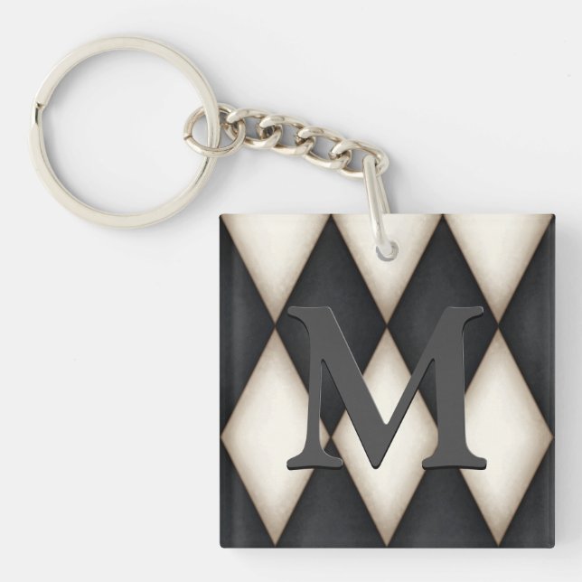 Black & White Harlequin Dramatic Custom Monogram Schlüsselanhänger (Vorderseite)